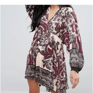 Free People Floral Long Sleeve Dress in Burgundy and Cream